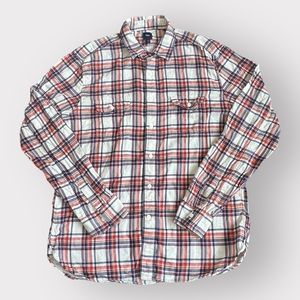 Gap Flannel Button Shirt Orange White Blue Plaid Men Size Large